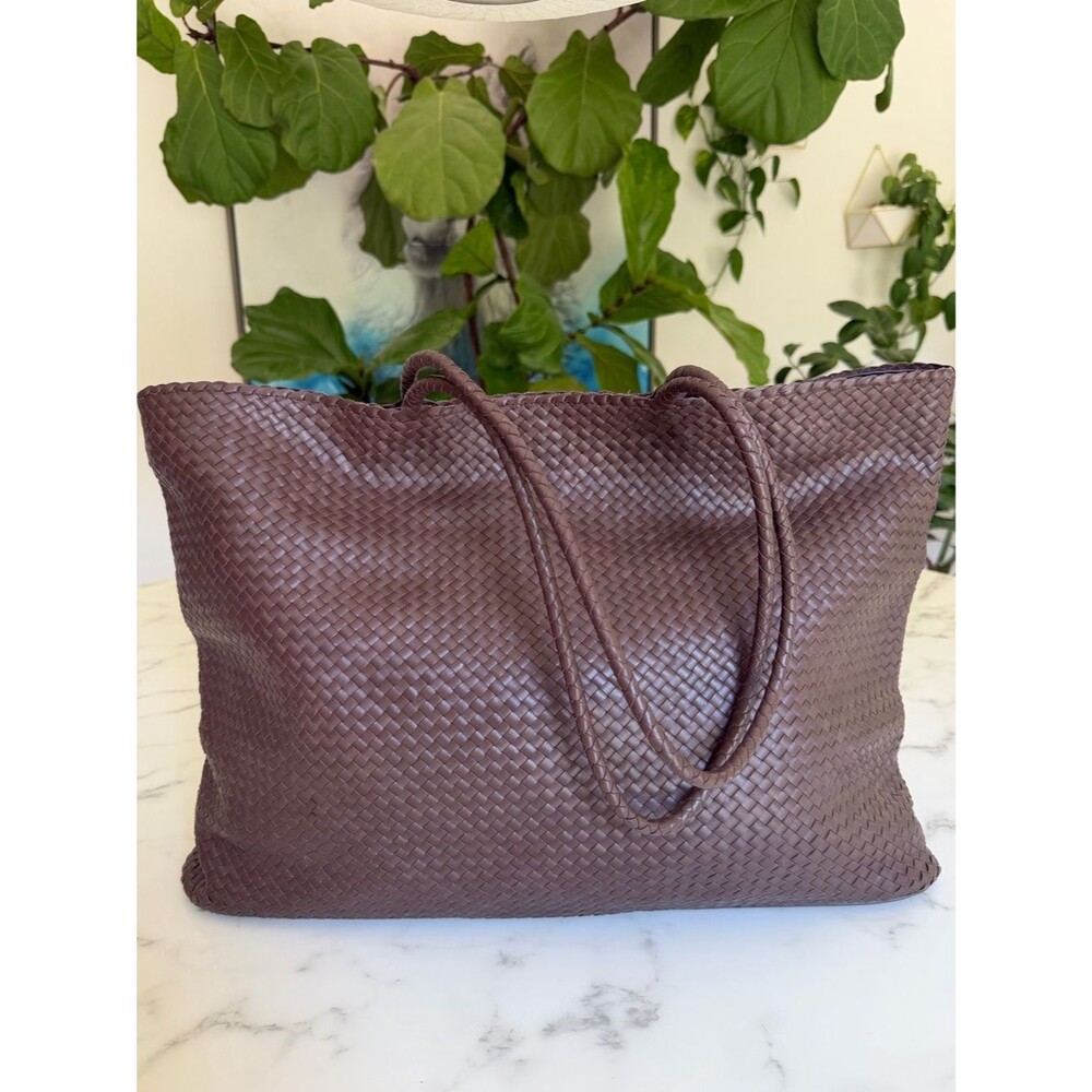 Quince Italian Leather Handwoven Tote Dark Brown XL Slim Shoulder Bag - Picture 5 of 15
